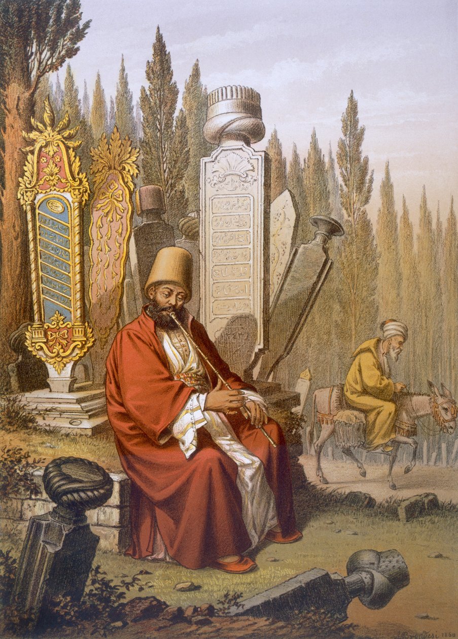 Sufi, der spiller ney, sidder på en tyrkisk kirkegård blandt de indskrevne gravplader, illustration fra "Souvenirs de Constantinople", pub. Paris, ca. 1855 af Jean Brindesi