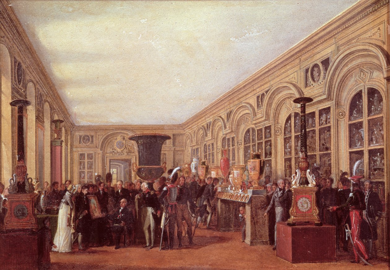 Alexandre Brongniart (1770-1847) Præsenterer kunstnerne fra Sevres-værkstedet til Louis XVIII (1755-1824) (olie på papir) af Jean Charles Develly