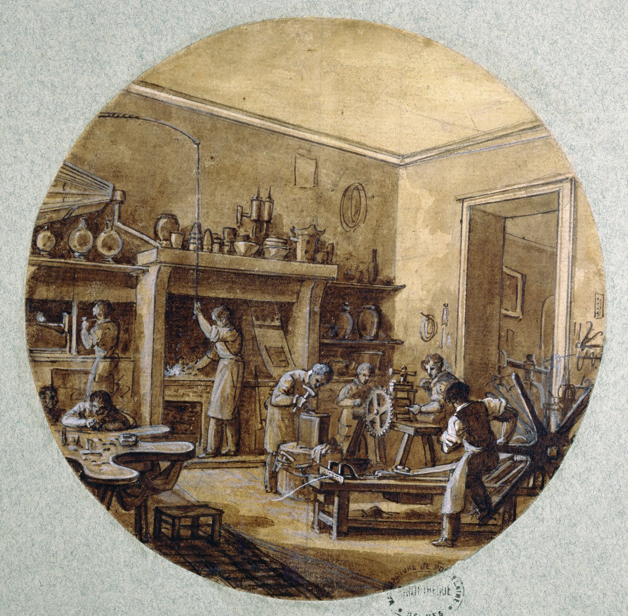 Juvelerværkstedet, pladedesign til en tjeneste, der forestiller forskellige håndværk, ca. 1820-35 (pen og blæk og vask og gouache på papir) af Jean Charles Develly