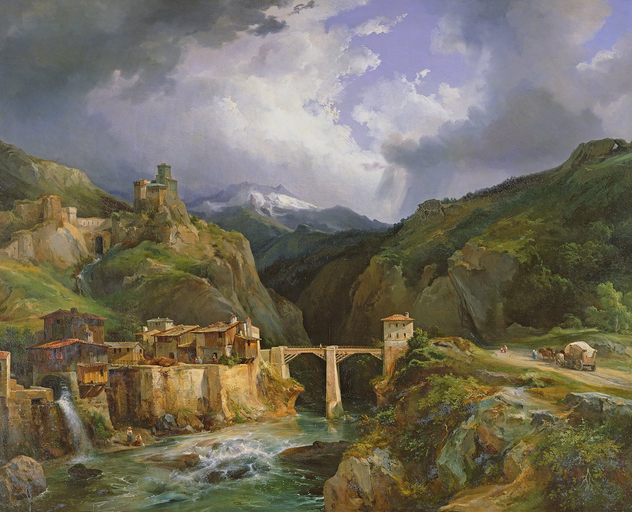 Village and Bridge of Crevola på vejen fra Simplon til Domodossola, 1832 af Jean Charles Joseph Rémond