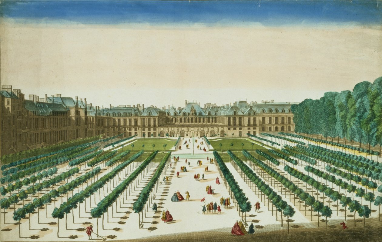 Udsigt og perspektiv af Palais Royal fra Garden Side, indgraveret af Antoine Aveline (1691-1743) af Jean Chaufourier