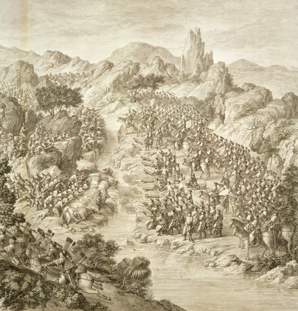 Det første slag mellem den kinesiske hær og eleuthernes i 1759, detalje af kampene over floden, plade 10 fra en række aftryk, der repræsenterer erobringerne af Qianlong, kejseren af af Jean Damascene