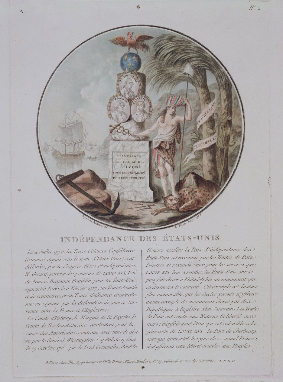 Uafhængighed af USA, indgraveret af L. Roger, 1786 (farvet litho) af Jean Duplessis Bertaux
