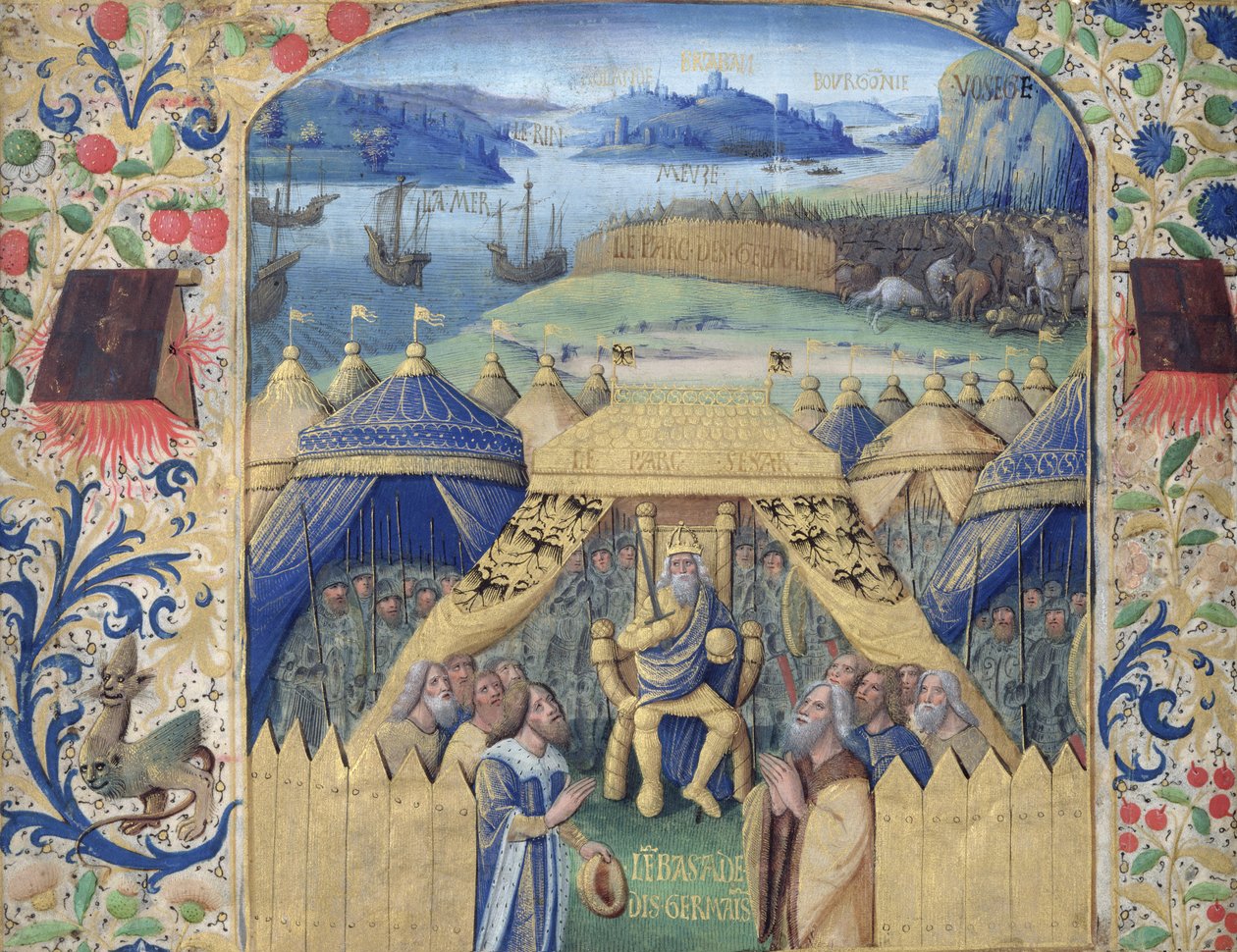 Julius Cæsar (100-44 f.Kr.) Modtagelse af den germanske ambassadør, ca. 1450 af Jean Fouquet