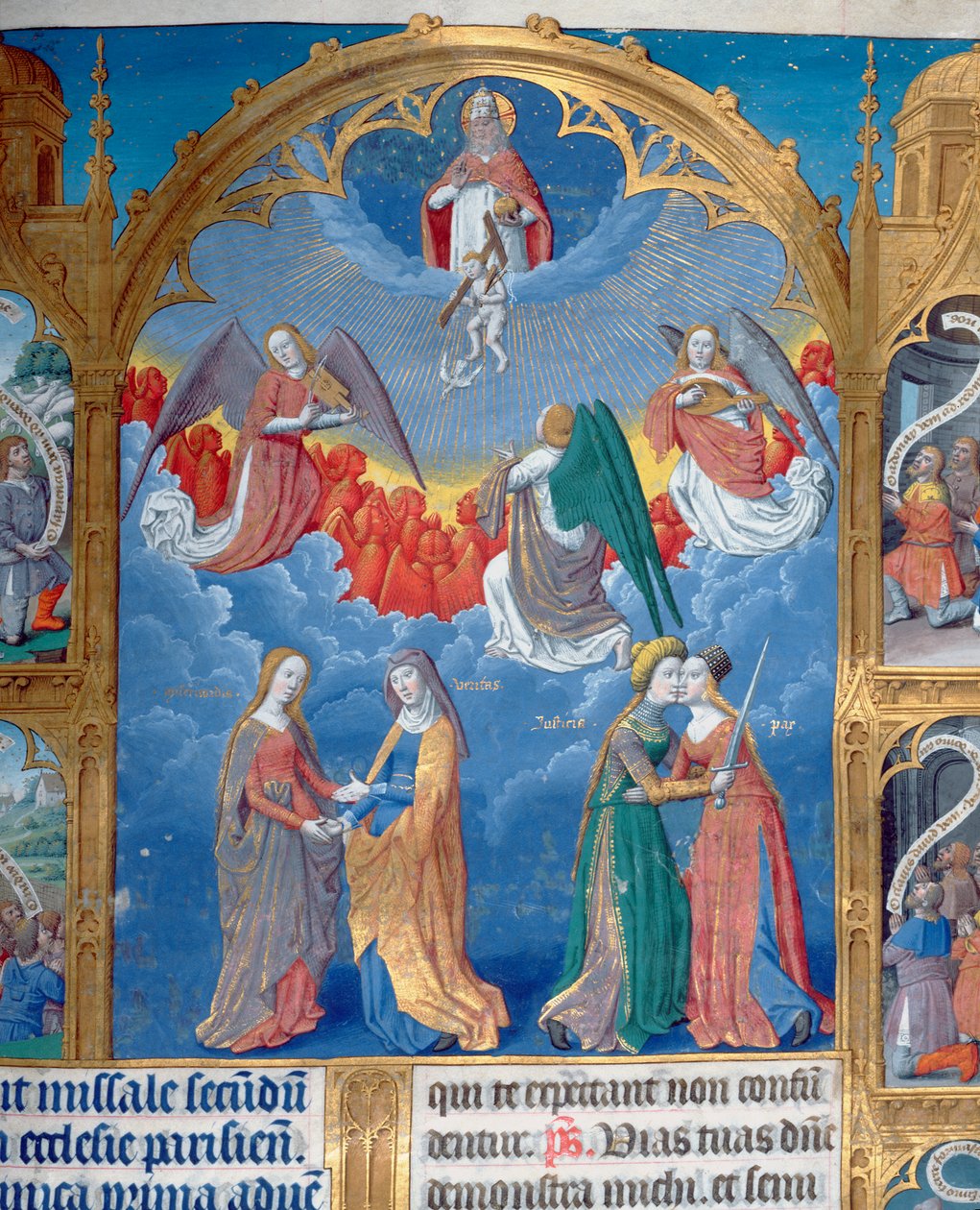 Ms 412 Treenigheden omgivet af tre engle og under dem personifikationer af barmhjertighed og sandhed og retfærdighed, der omfavner fred (Salme 85), c1475 (detaljer fra 341972) af Jean Fouquet