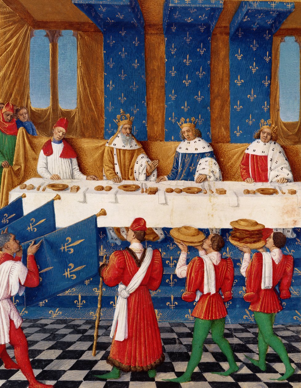Ms 6465 fol.444v Banket givet af Karl V (1338-80) til ære for sin onkel kejser Karl IV (1316-78) i 1378, fra Grandes Chroniques de France af Jean Fouquet