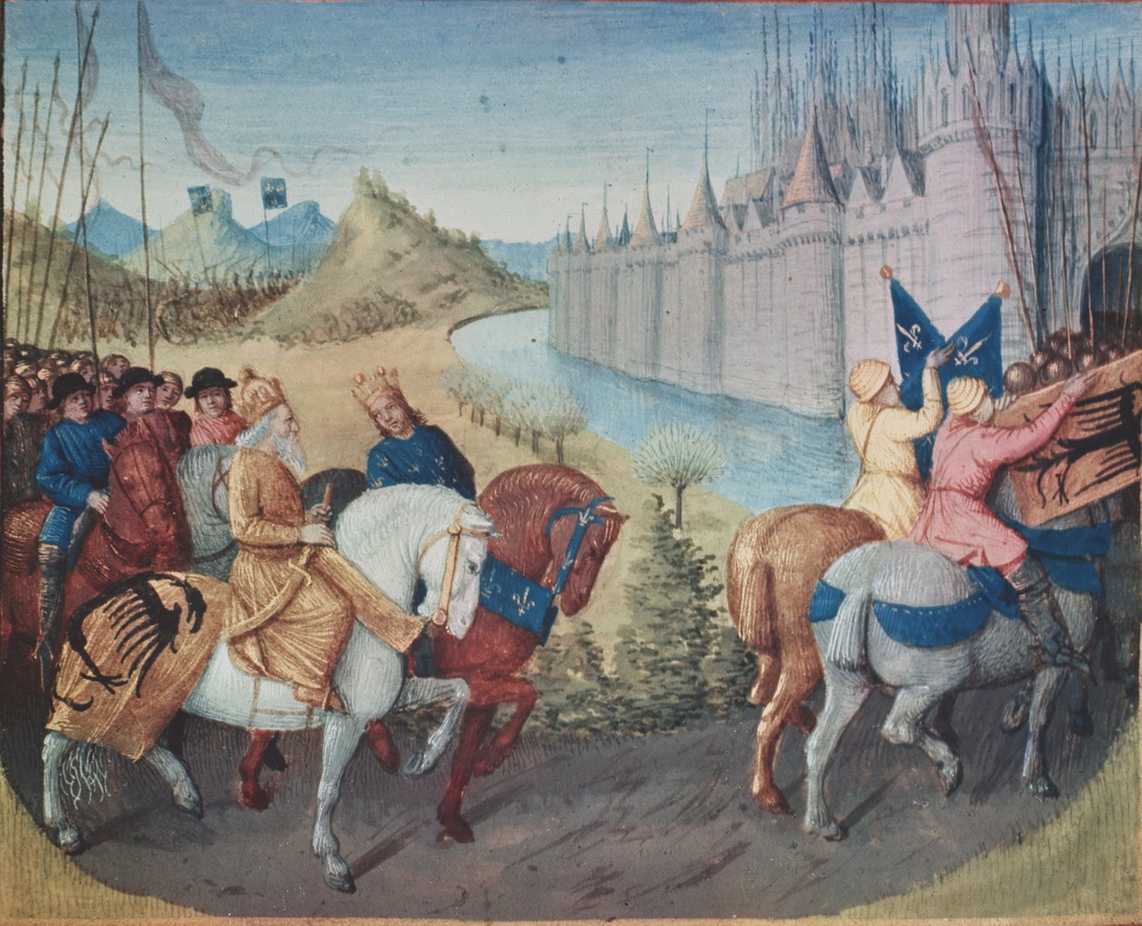 Fru Fr. 6465 fol.202 Indtog af Ludvig VII (ca. 1120-80) Konge af Frankrig og Conrad III (1093-1152) Konge af Tyskland i Konstantinopel under korstogene, 1147-49 (se også 38992) af Jean Fouquet