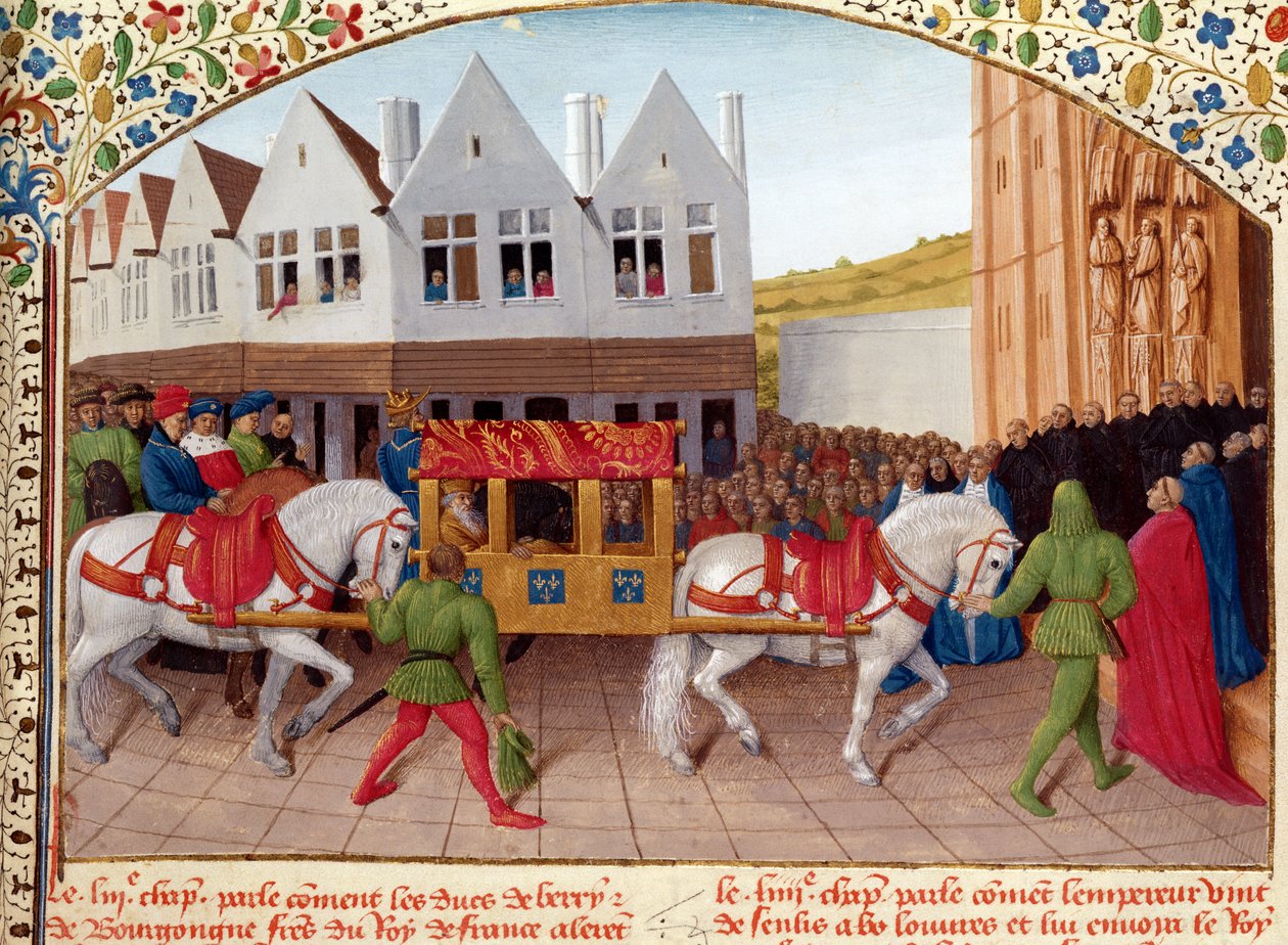 Ms Fr 6465 fol.442 Kejser Charles IVs (1316-78) ankomst til Basilica St. Denis i 1378, fra 
