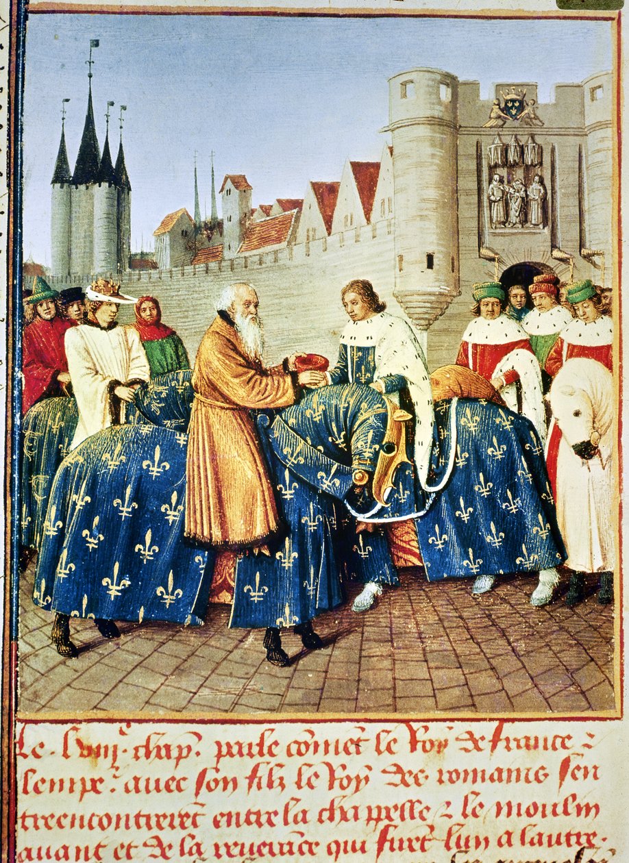 Fr 6465 fol. 444 Charles V (1338-80) modtog kejser Charles IV (1316-78) ved Porte du Temple i Paris, januar 1378, fra 