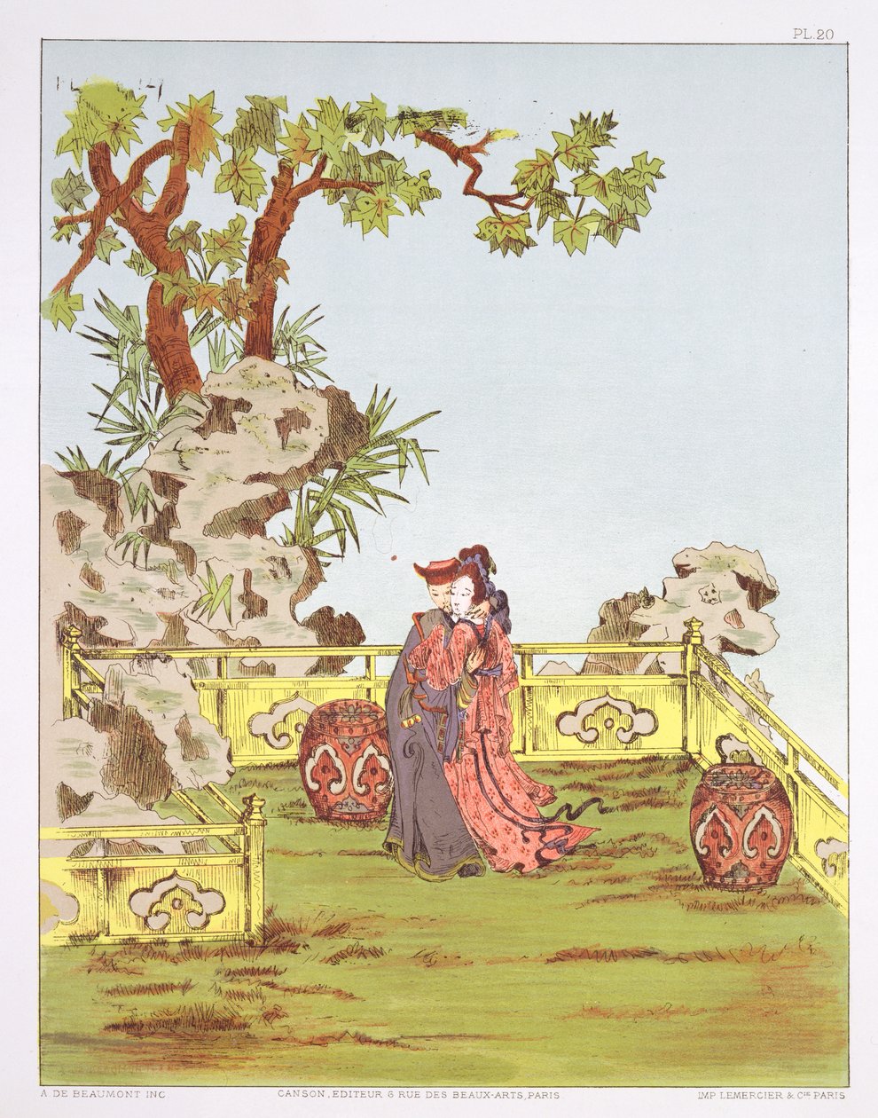 Par i en kinesisk have, fra "Ornaments of China", udgivet sidst i det 18. århundrede - først i det 19. århundrede af Jean Francois Albanis de Beaumont