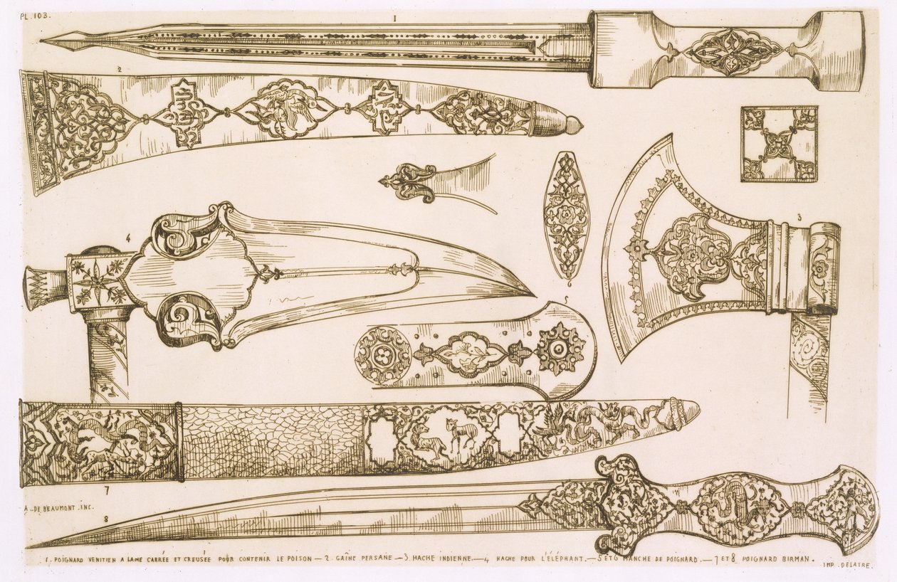 Islamiske og mauriske mønstre til knivblade, fra "Art and Industry", udgivet af Delatre, Paris, 1857 af Jean Francois Albanis de Beaumont