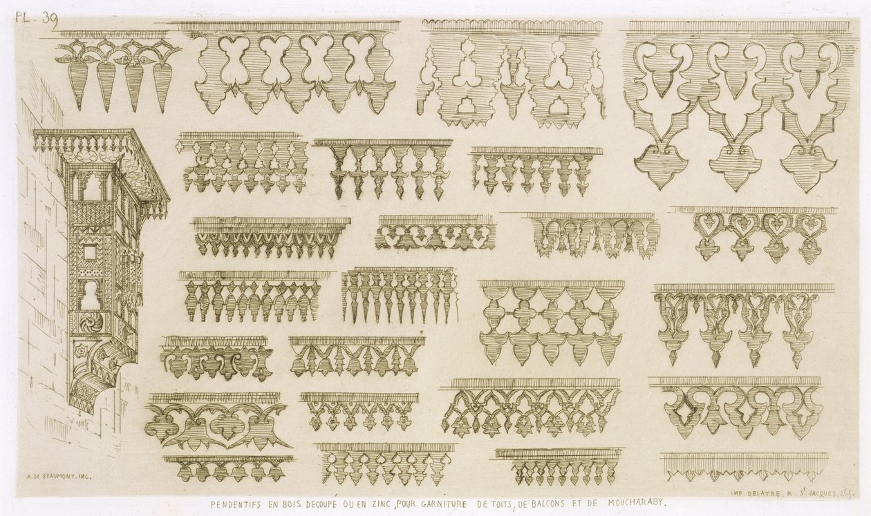 Islamiske tegninger til dekoration af gesimser, balkoner og mashrabiyah, fra "Art and Industry", udgivet af Delatre, Paris, 1857 af Jean Francois Albanis de Beaumont