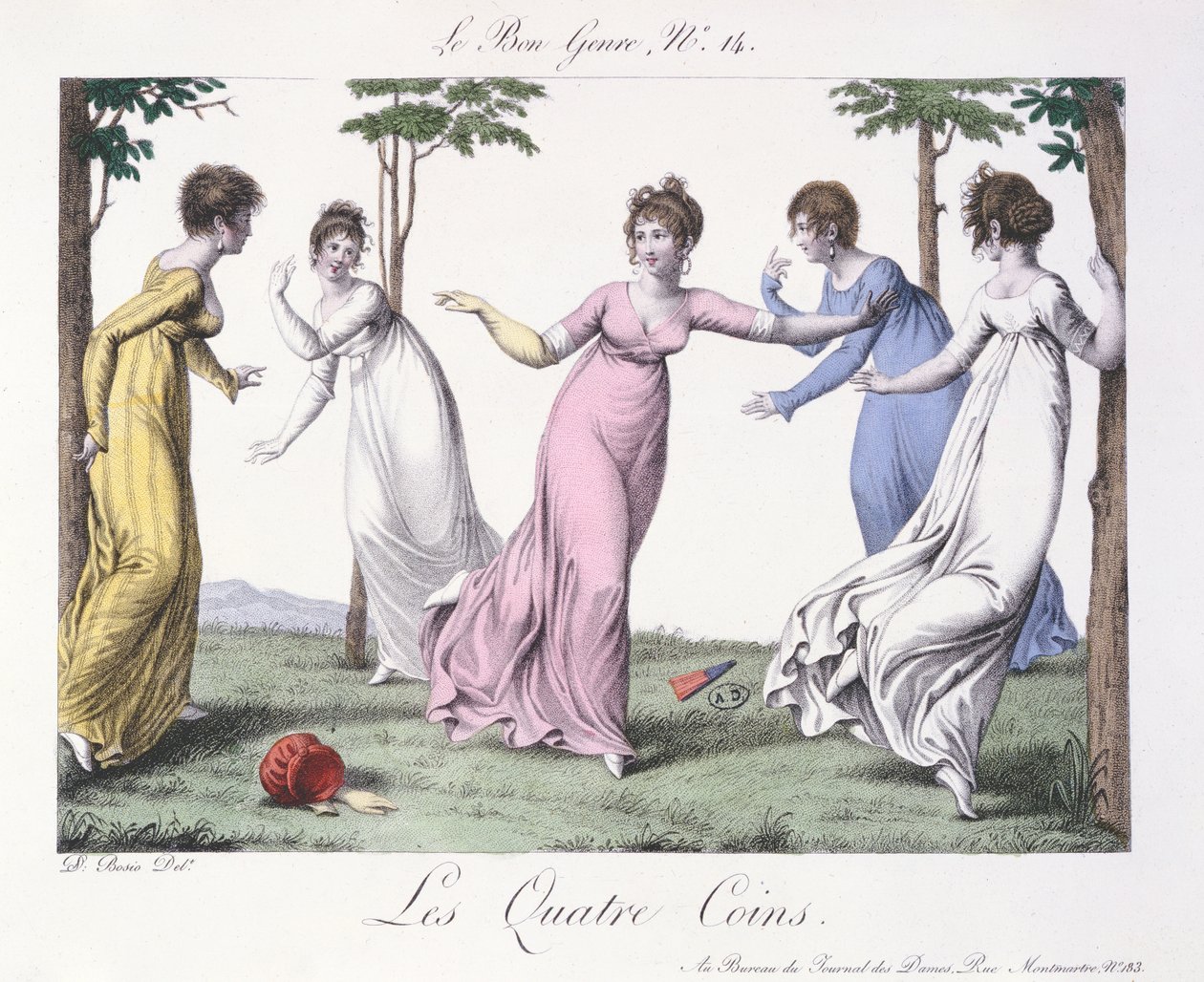 "Les Quatre Coins", illustration fra "Le Bon Genre", begyndelsen af det nittende århundrede (farvestik) af Jean Francois Bosio
