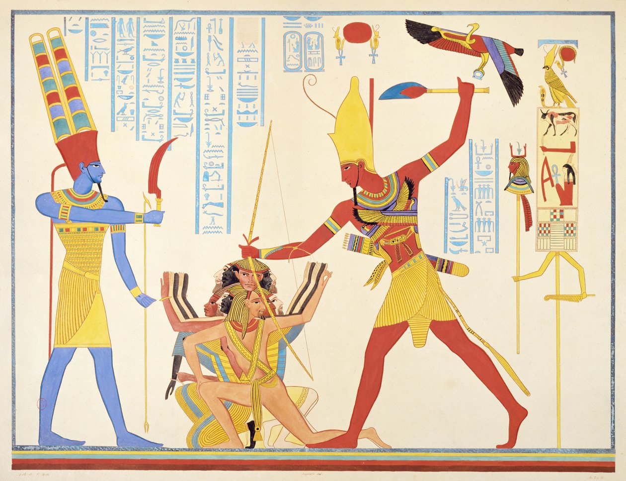 Guden Amun tilbyder et seglvåben til farao Ramesses III, da han slår to tilfangetagne fjender, 1835-45 af Jean Francois Champollion