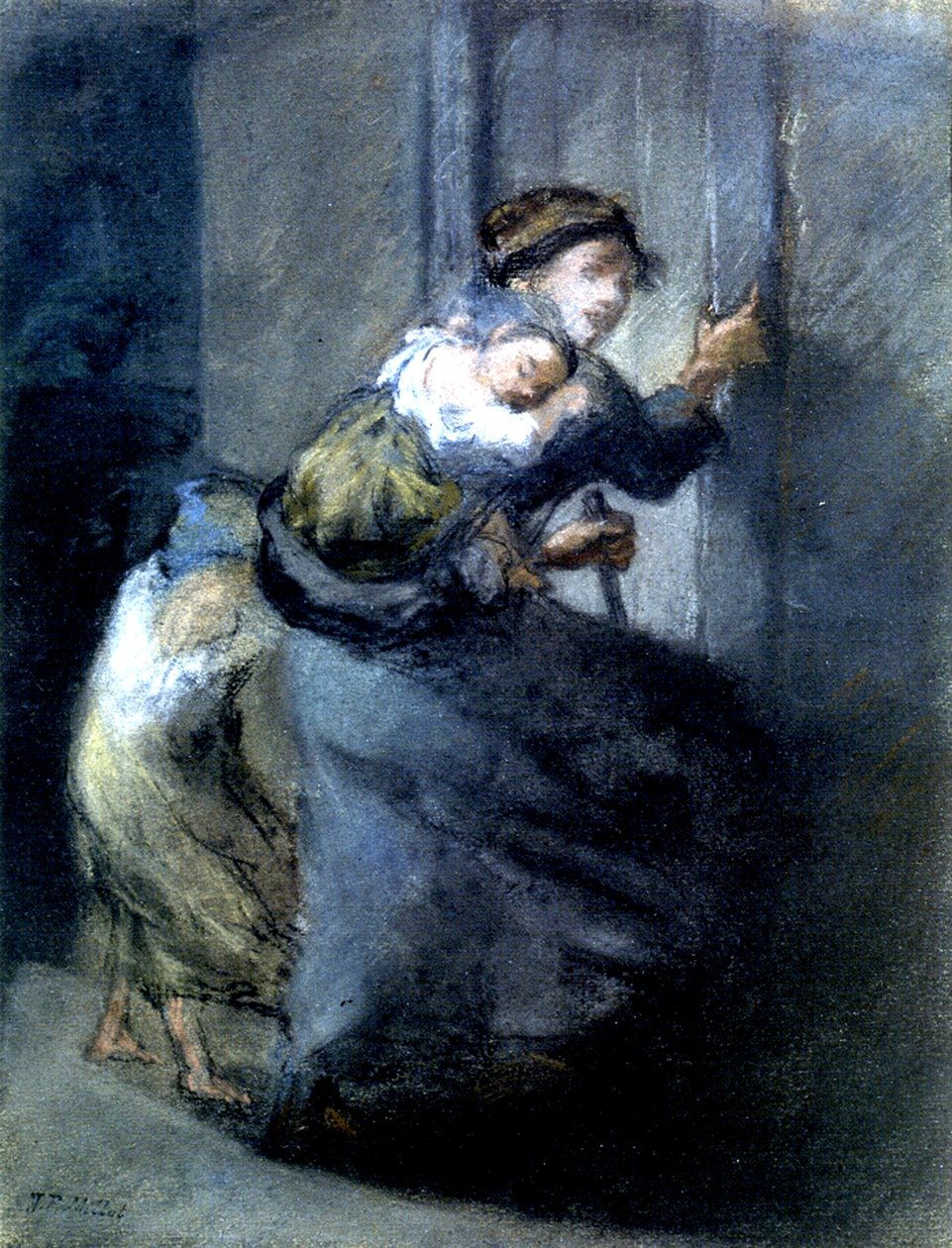 En mor på flugt med to børn (pastel på papir) af Jean Francois I Millet