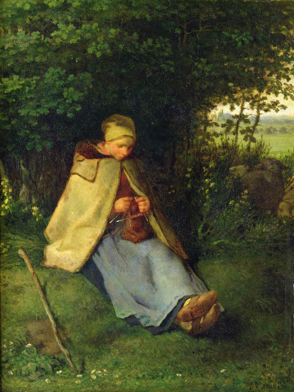 En strikker eller en siddende hyrdestrikke, 1858-60 af Jean Francois Millet