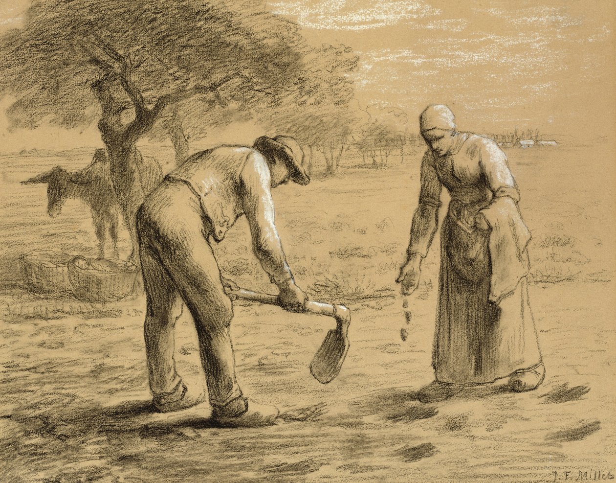 Bønder, der planter kartofler (blyant og kridt på papir) af Jean Francois Millet