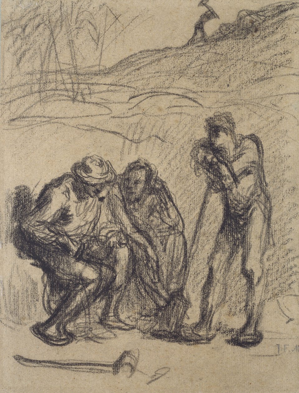 Tre bønder hviler, en læner sig op ad en spade (sort farveblyant på papir) af Jean Francois Millet
