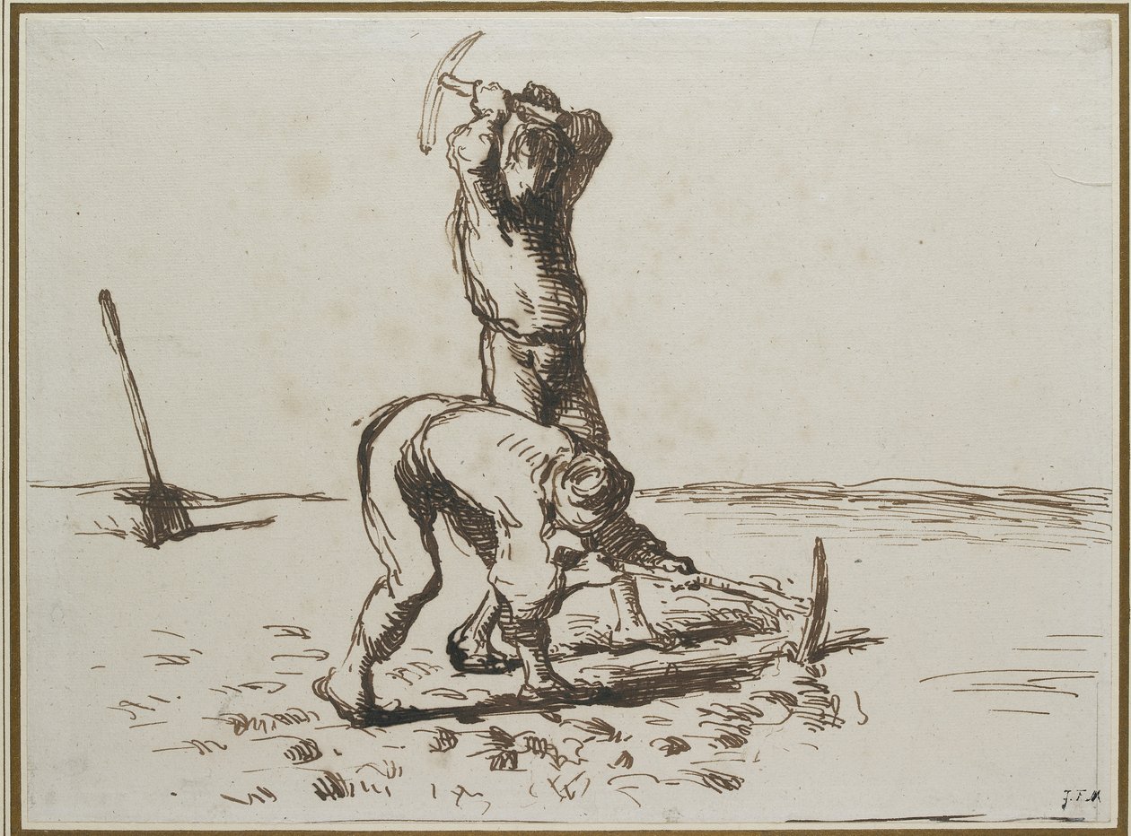 To bønder, der graver med hakker, ca. 1844 - 1846 (pen og brunt blæk på let misfarvet hvidt papir) af Jean Francois Millet