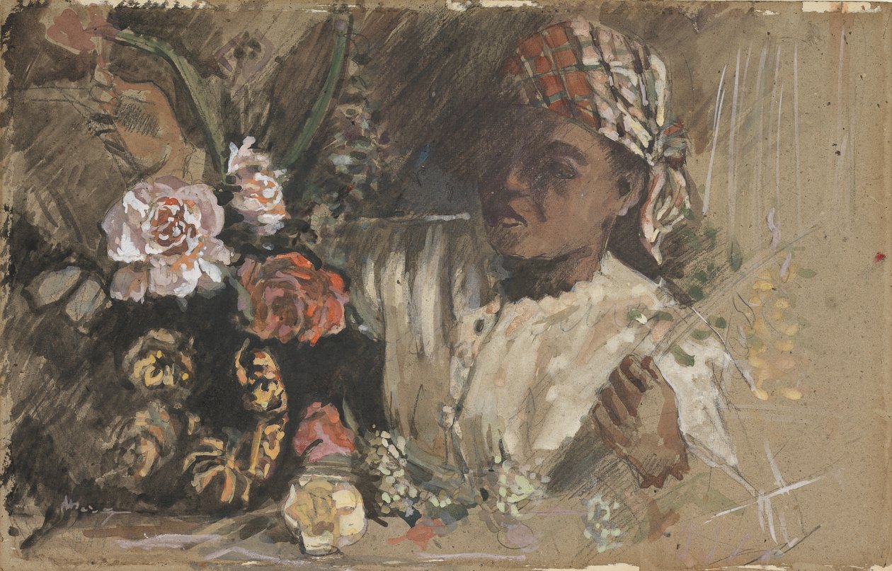 Sort kvinde med pæoner, ca. 1870 (wc, gouache, kridt og grafit på kort) af Jean Frederic Bazille