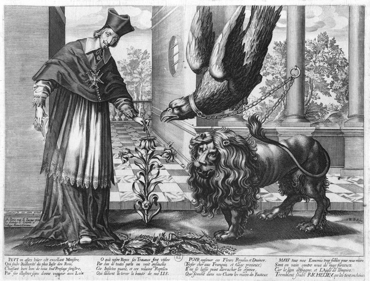 Allegori til lovprisning af kardinal Richelieu (1585-1642), der kæmpede mod Østrig (ørnen), Spanien (løven) og fjenderne i Frankrig (larverne) 1628 af Jean Ganiere or Gagniere