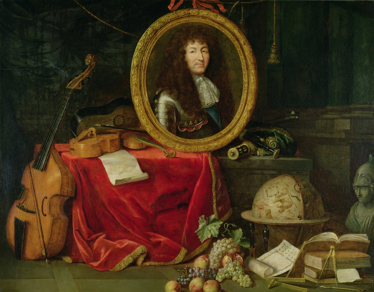 Stilleben med portræt af kong Ludvig XIV (1638-1715) omgivet af musikinstrumenter, blomster og frugt, 1672 af Jean Garnier