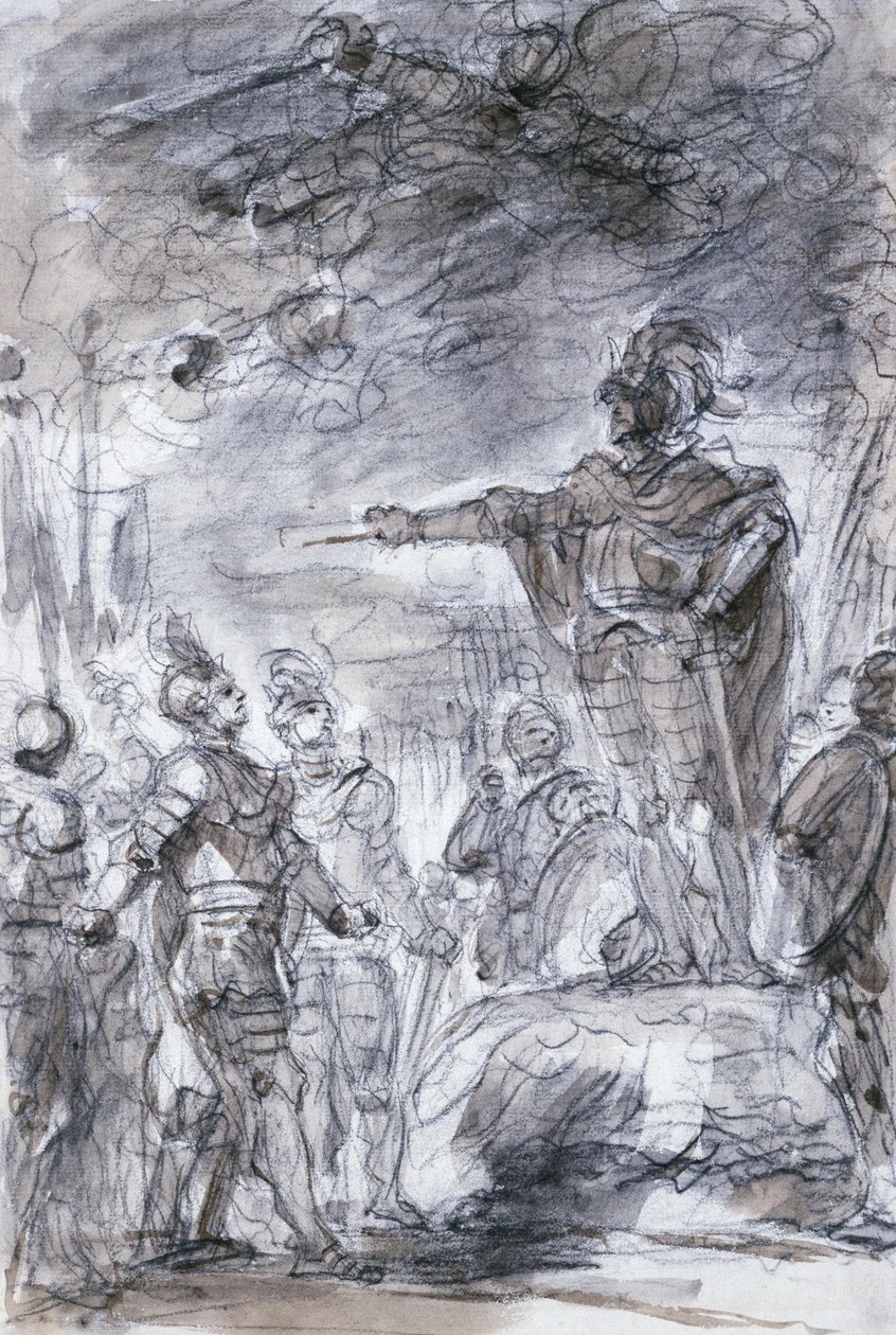 Scene fra Ariostos Orlando Furioso- Rodomonte og Mandricardo anfører deres sag for Agramante af Jean Honore Fragonard