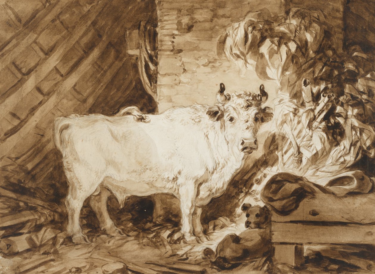 White Bull og en hund i en stald af Jean Honore Fragonard