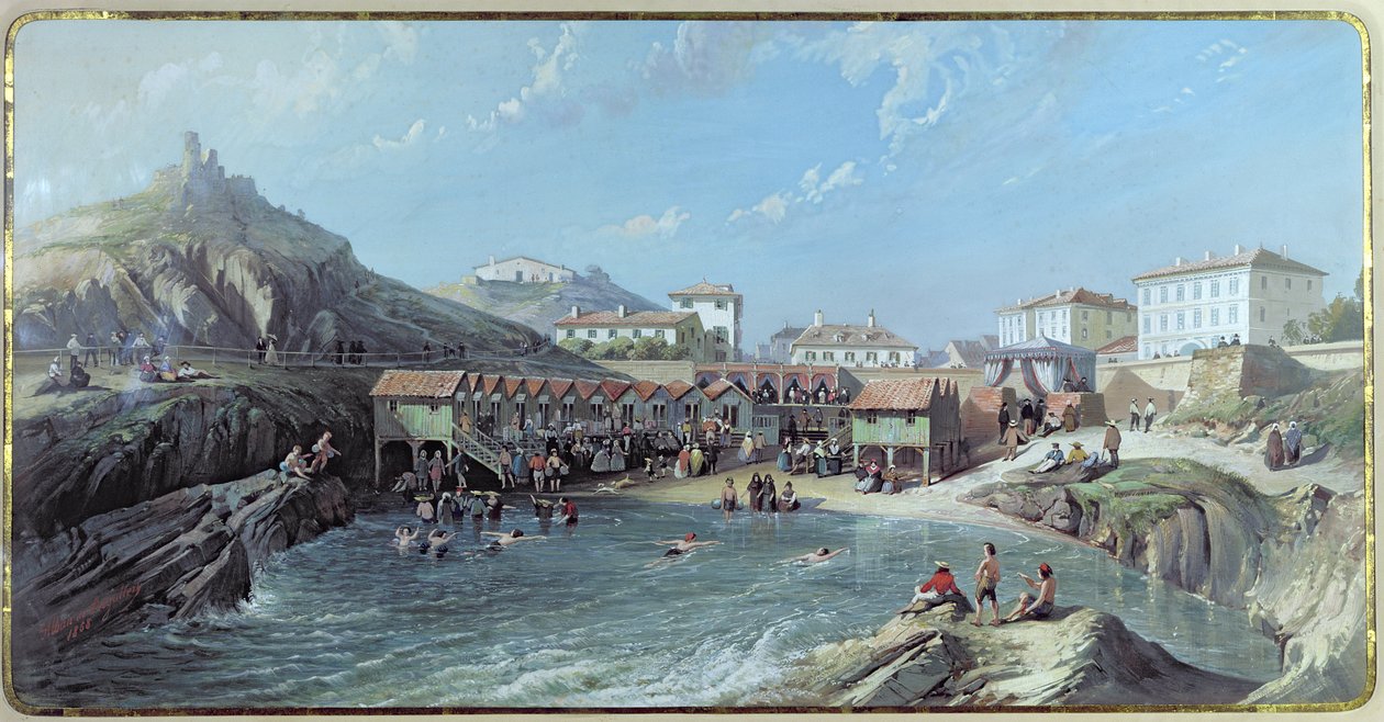 Begyndelsen af havsvømning i den gamle havn i Biarritz, 1858 af Jean Jacques Alban de Lesgallery