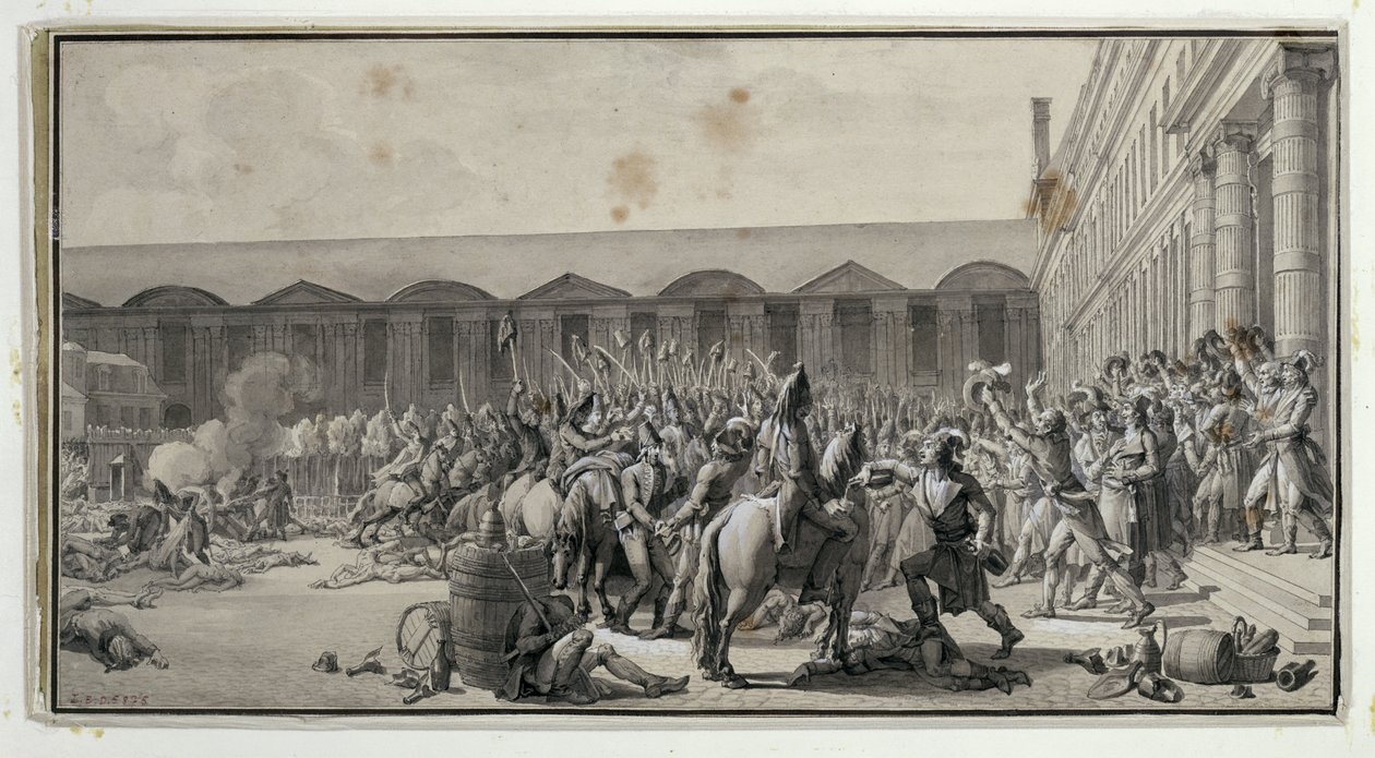 Forsvar af nationalkonventet på Place du Carrousel, 12 Vendemiaire An IV (4. oktober 1795) (pen og blæk og wc på papir) af Jean Jacques Francois Le Barbier