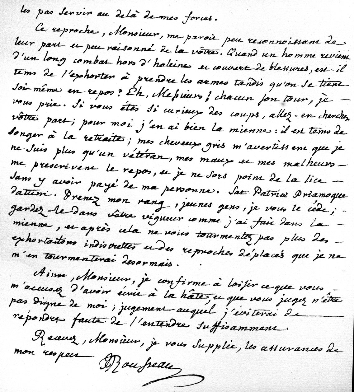 Brev med Rousseaus begrundelse for ikke at skrive mere til støtte for de franske protestanter, skrevet i Motiers, 15. juli 1764 af Jean Jacques Rousseau