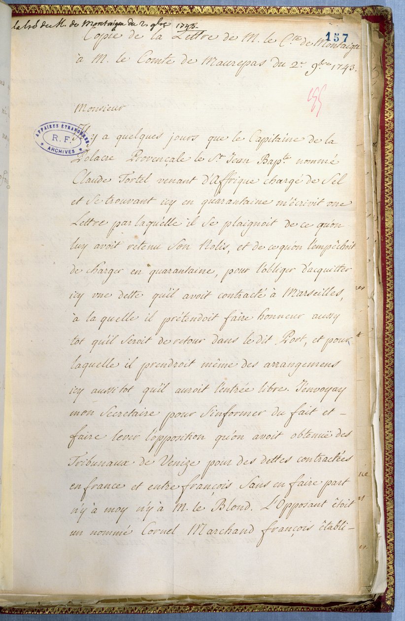 Brev skrevet af Jean-Jacques Rousseau, mens han var sekretær for den franske ambassadør i Venedig, oktober 1743 af Jean Jacques Rousseau