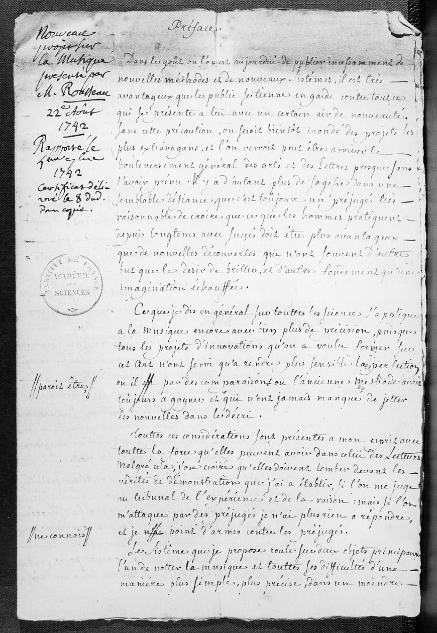 Projekt for musikalsk notation forelagt af Jean-Jacques Rousseau for Academie des Sciences den 22. august 1742 af Jean Jacques Rousseau