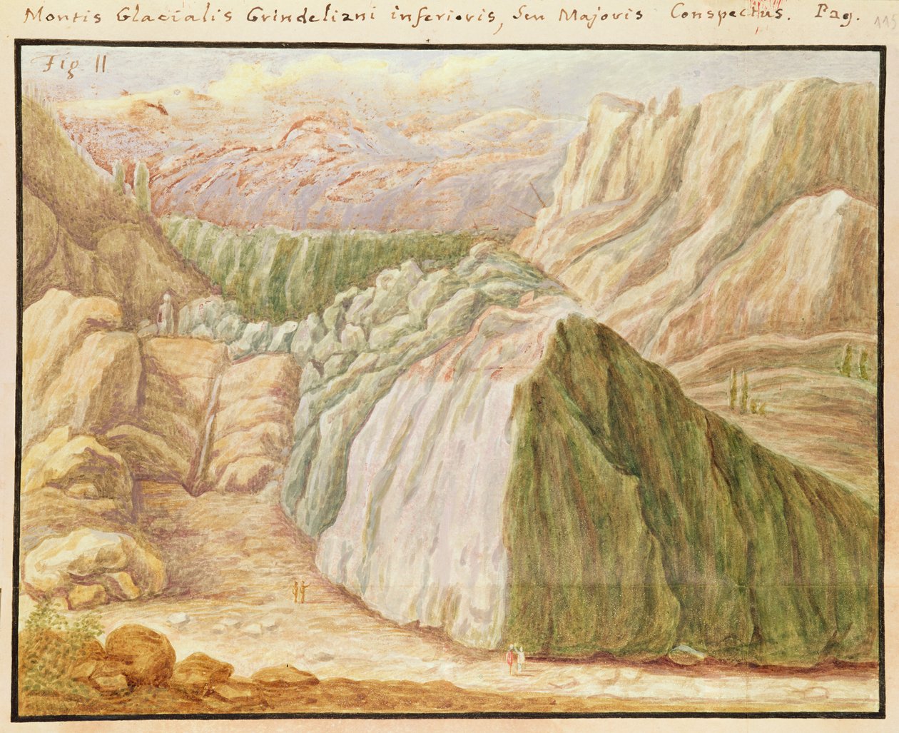 Ms 1798 fol.115 Grindelwald-gletsjeren i Alperne, 1709 af Jean Jacques Scheuchzer