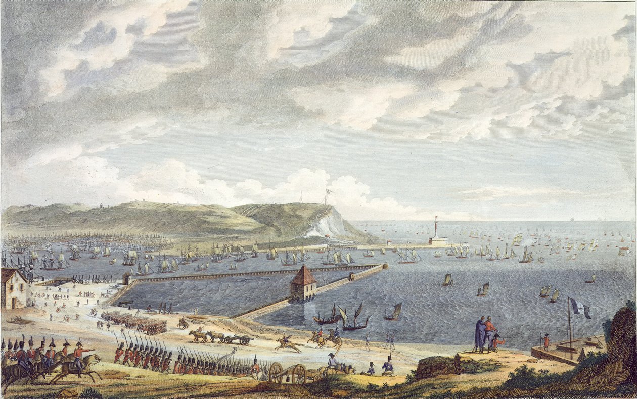 Udsigt over havnen og Boulognes Redested ved Flotillens Afgang, 16. august 1803, indgraveret af Louis Francois Couche (1782-1849) (akvatint) af Jean Jerome Baugean