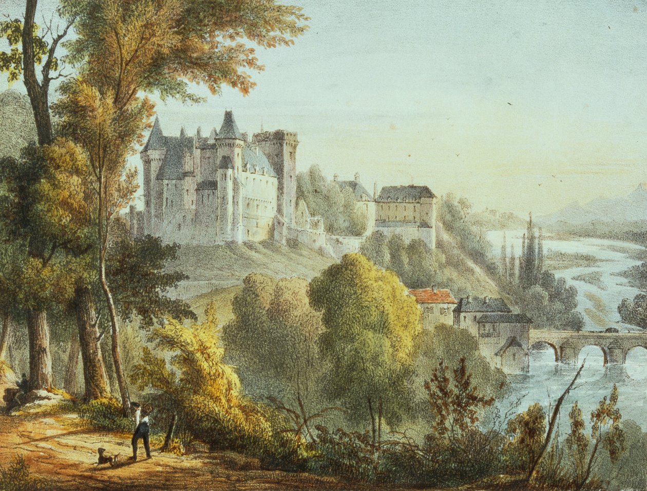 Udsigt over broen ved Jurancon og Chateau Pau, indgraveret af Gerard Rene Le Vilain (1740-1836) af Jean Joseph Jules Defer