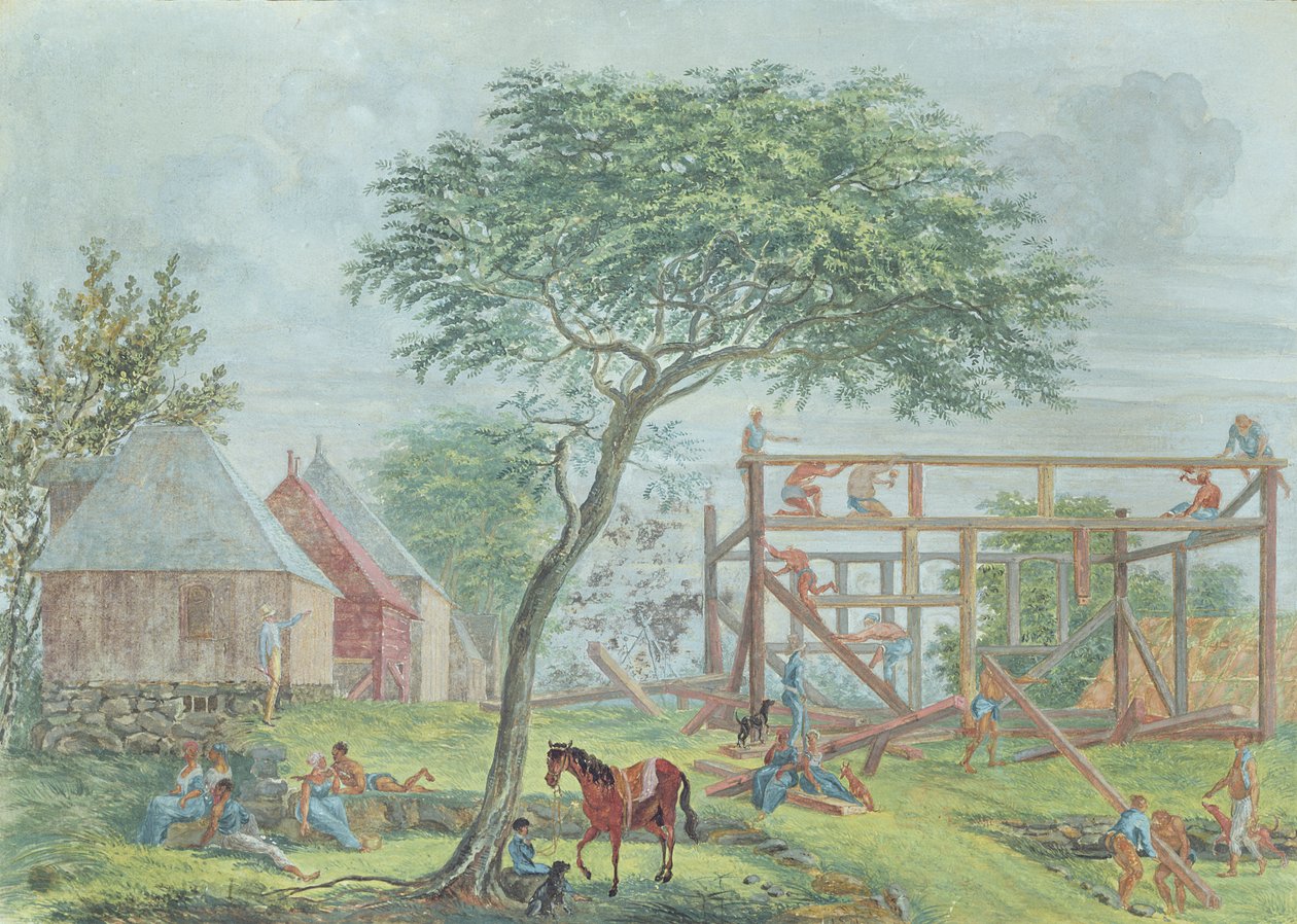 Bygning af et hus på Ile de la Reunion, ca. 1810-15 af Jean Joseph Patu de Rosemont
