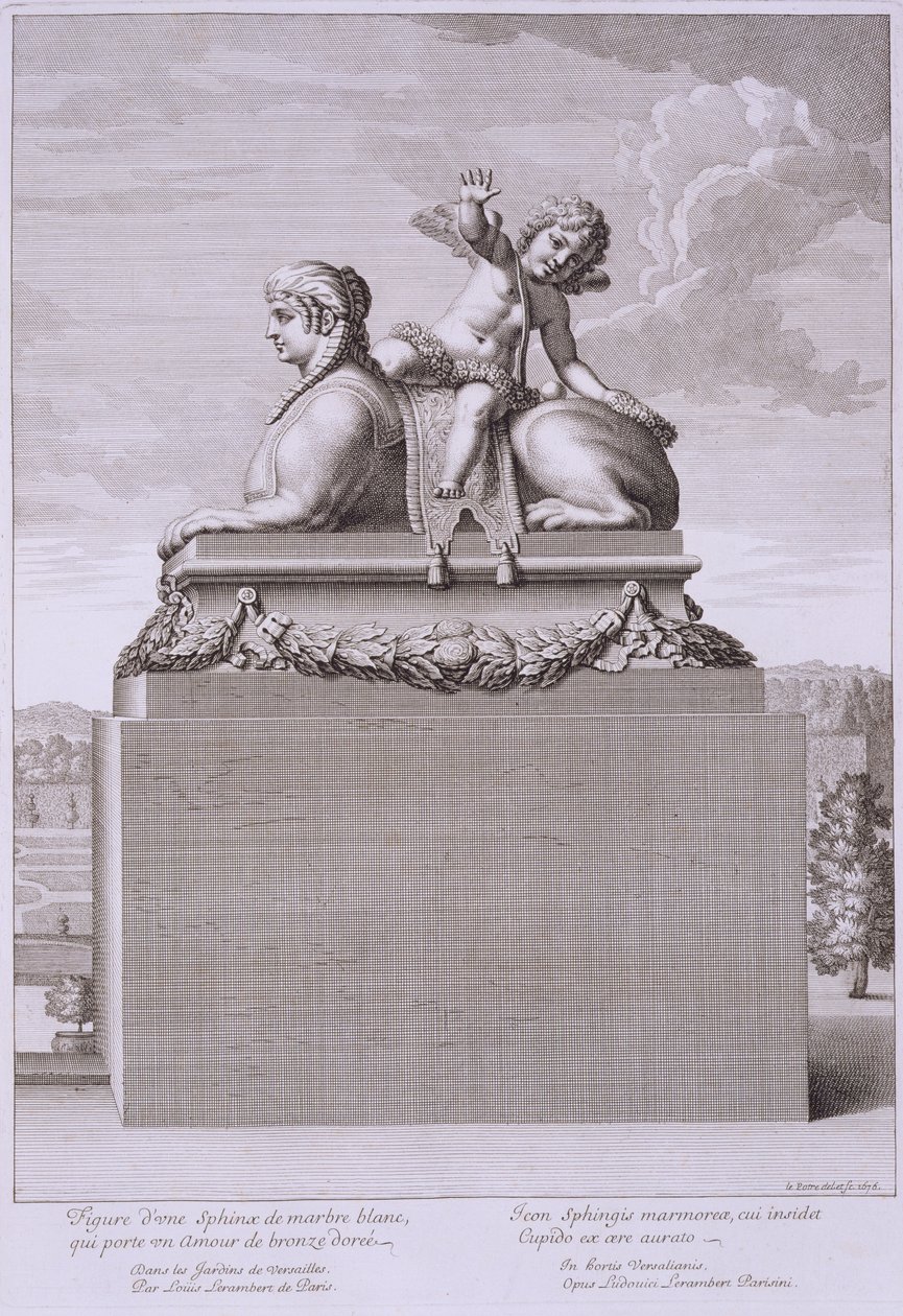 Figur af en sfinks i hvid marmor, der bærer en bronze Amor, i Versailles, 1676, fra 