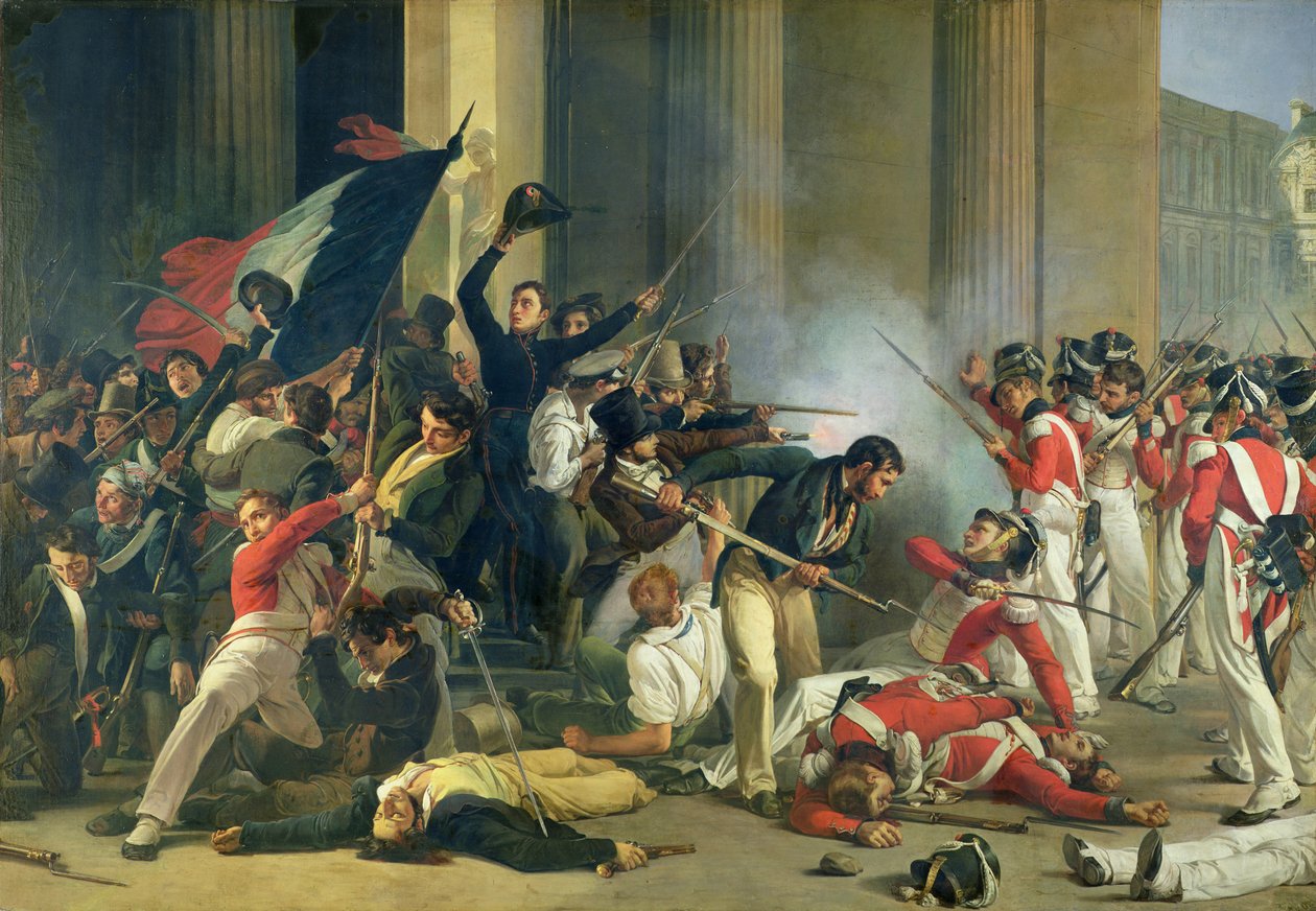 Scene fra 1830-revolutionen på Louvre af Jean Louis Bezard