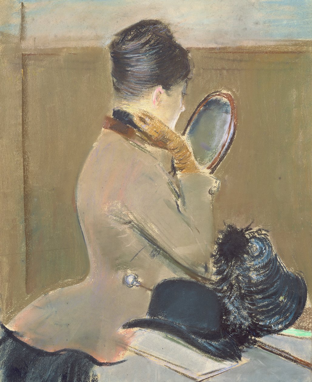 At the Milliner, ca. 1885 (pastel på papir lagt om bord) af Jean Louis Forain