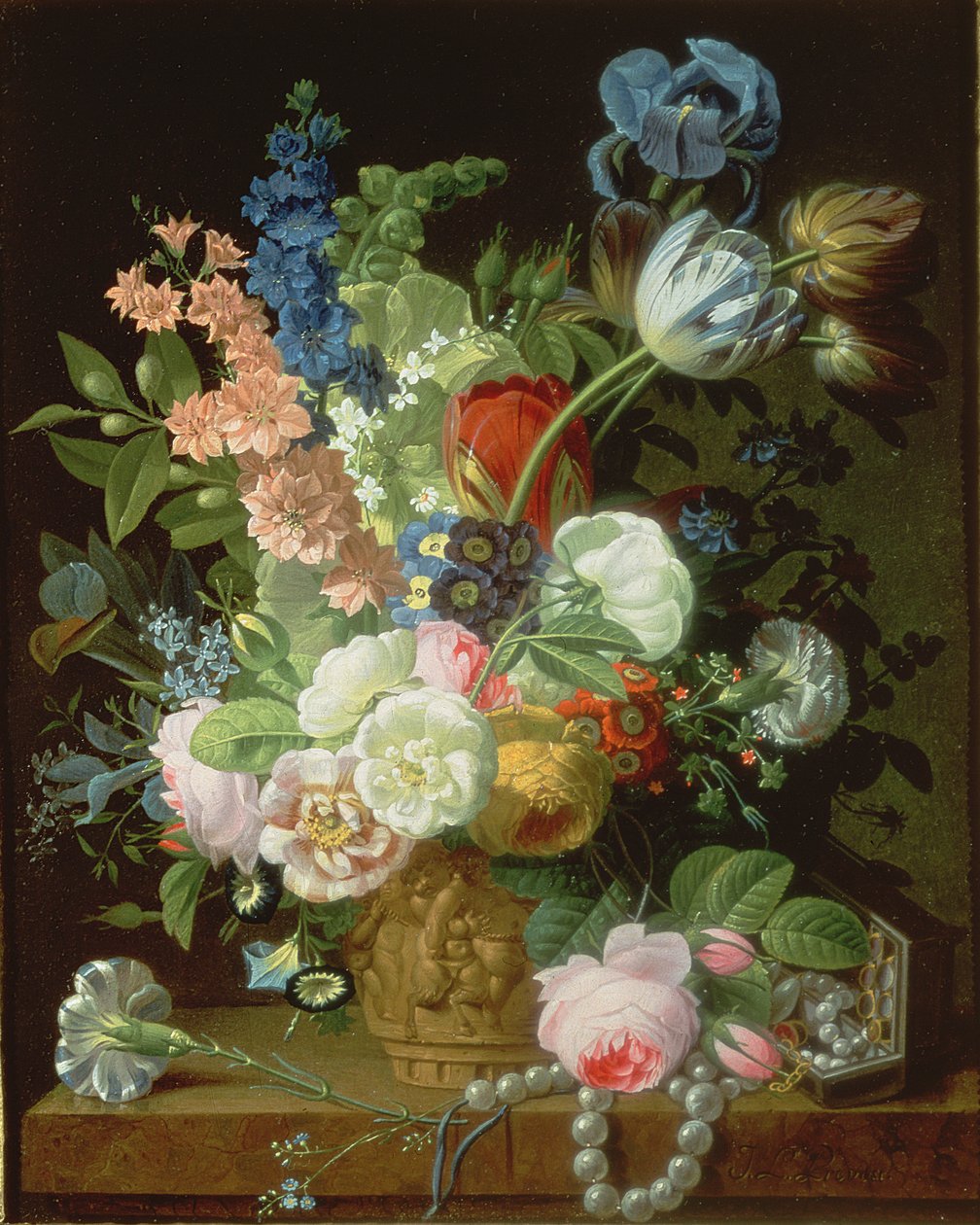 Et stilleben af roser, tulipaner, nelliker, stokke og andre blomster i en dekorativ urne, hvilende på en stenkant af Jean Louis Prevost