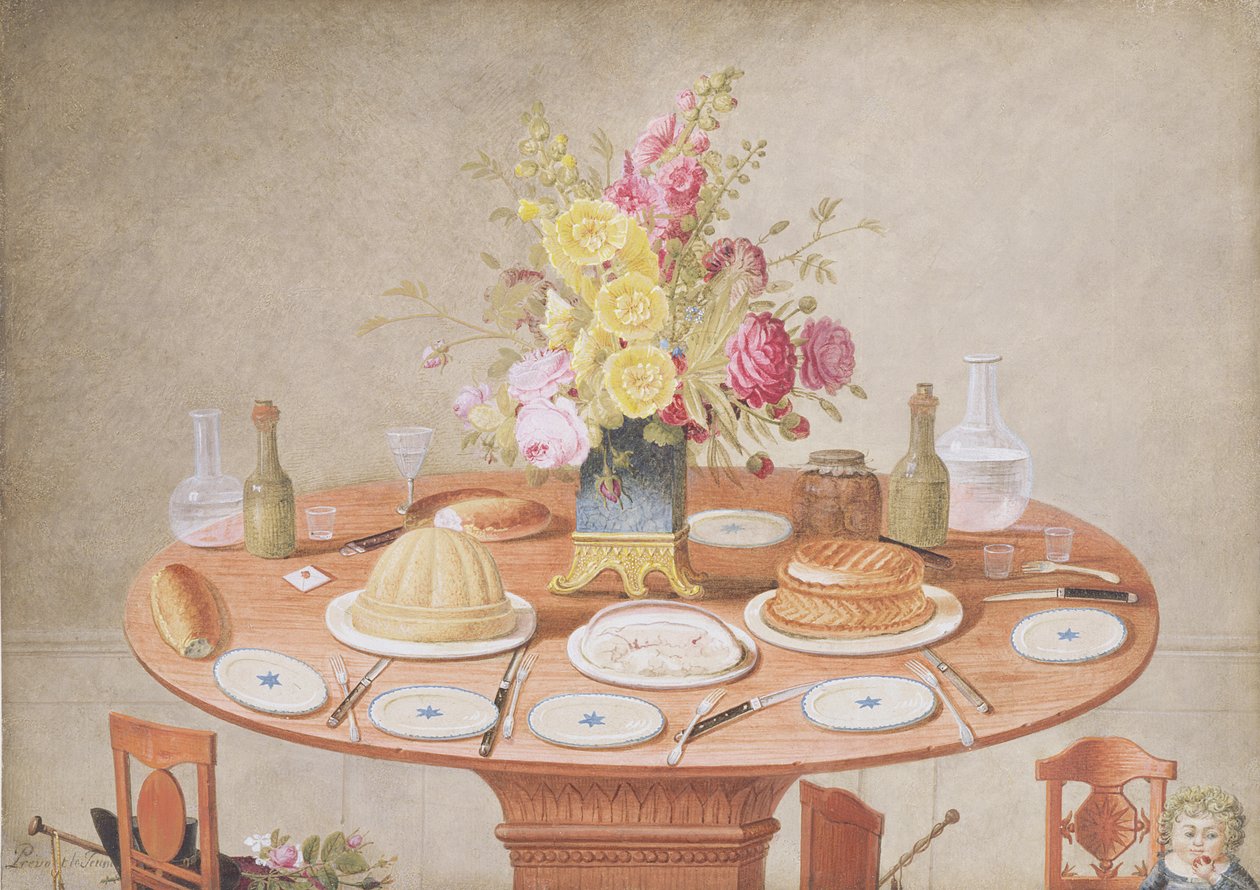 PD.869-1973 Stilleben med en vase med blomster på et bord dækket til et måltid, ca. 1810 (wc und gouache) af Jean Louis Prevost