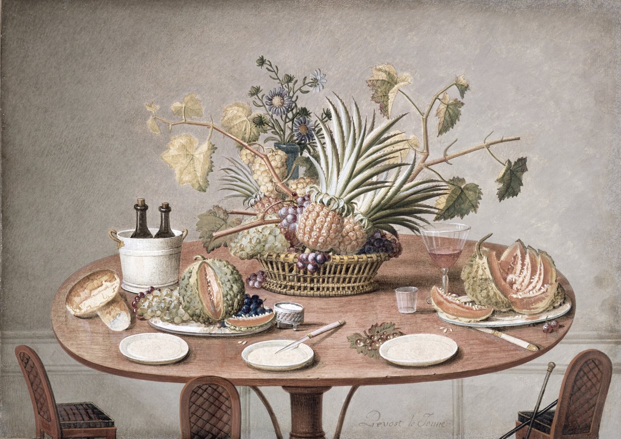 PD.874-1973 Stilleben af et bord med blomster og frugt, ca.1810 (wc und gouache) af Jean Louis Prevost