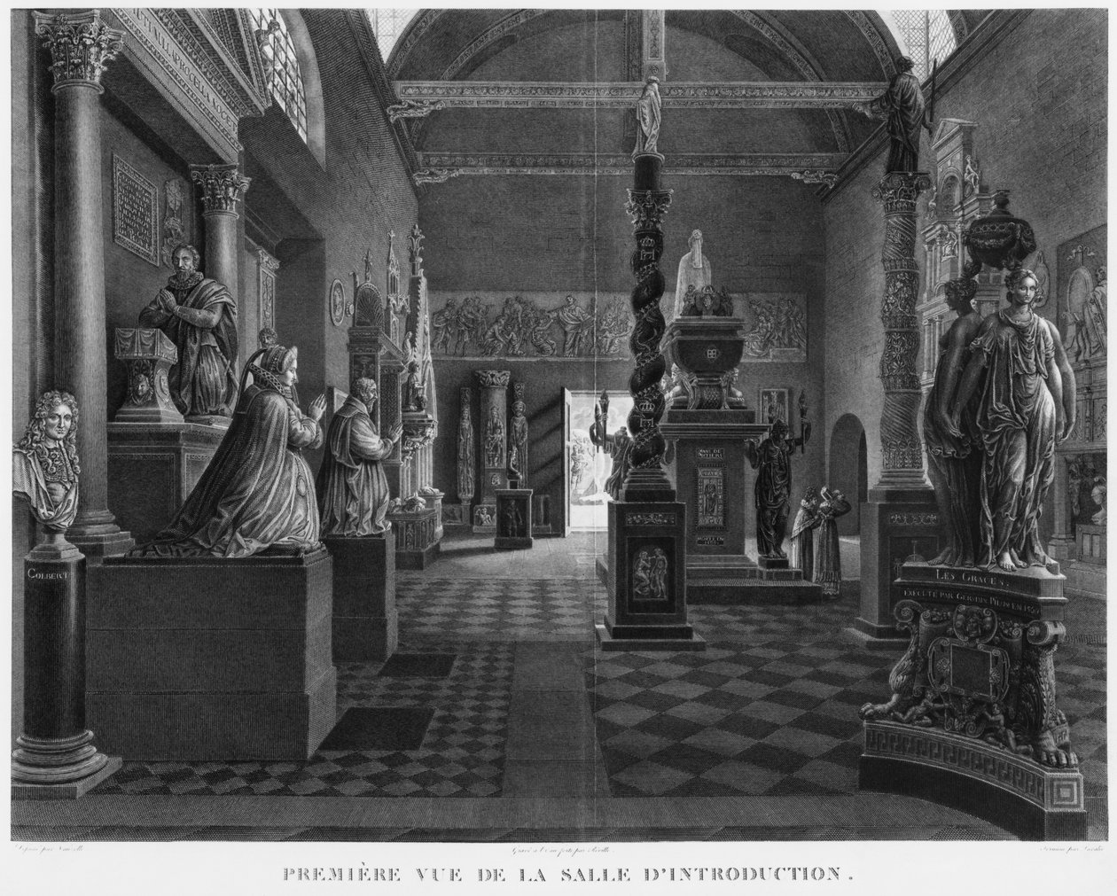 Første billede af den indledende sal, Musee des Monuments Francais, Paris, illustration fra "Vues pittoresques et perspectives des salles du Musee des Monuments Francais et des principaux ouvrages... af Jean Lubin Vauzelle