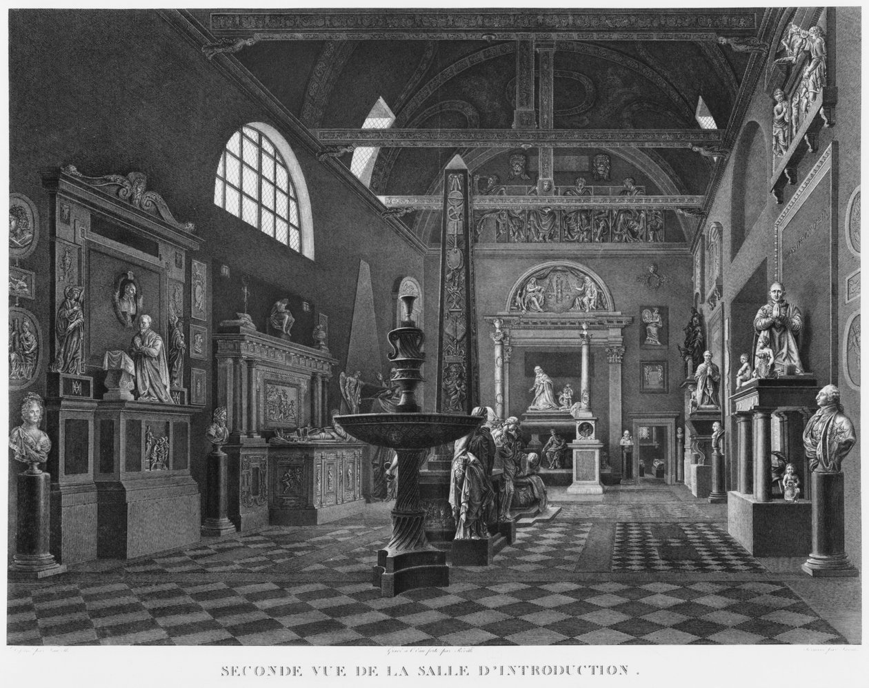 Andet billede af den indledende sal, Musee des Monuments Francais, Paris, illustration fra "Vues pittoresques et perspectives des salles du Musee des Monuments Francais et des principaux ouvrages... af Jean Lubin Vauzelle