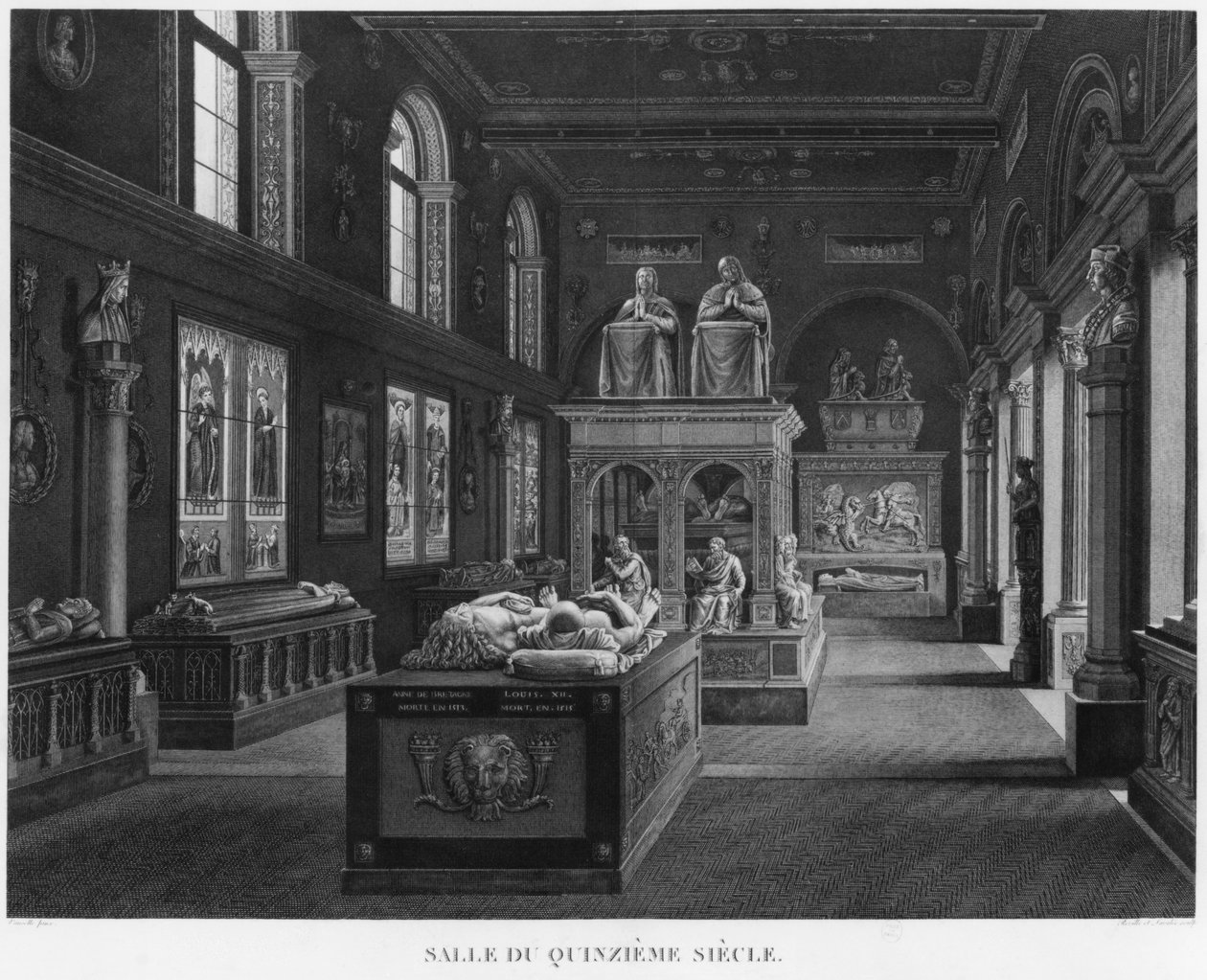Rummet fra det 15. århundrede, Musee des Monuments Francais, Paris, illustration fra "Vues pittoresques et perspectives des salles du Musee des Monuments Francais et des principaux ouvrages...", graveret af af Jean Lubin Vauzelle