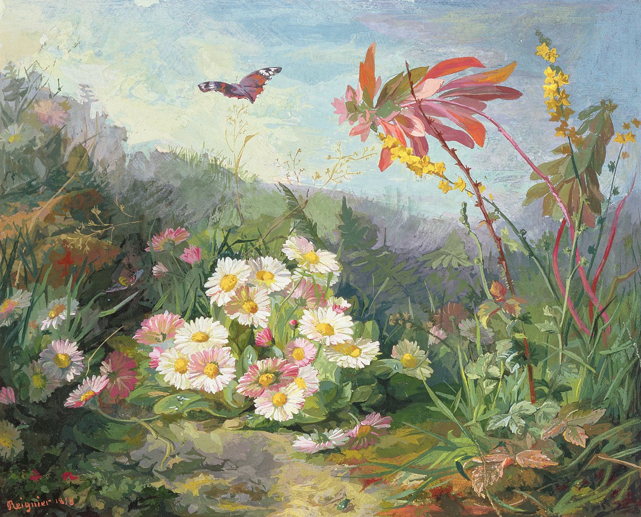 Vilde blomster og sommerfugl, 1858 (wc og gouache på pap) af Jean Marie Reignier