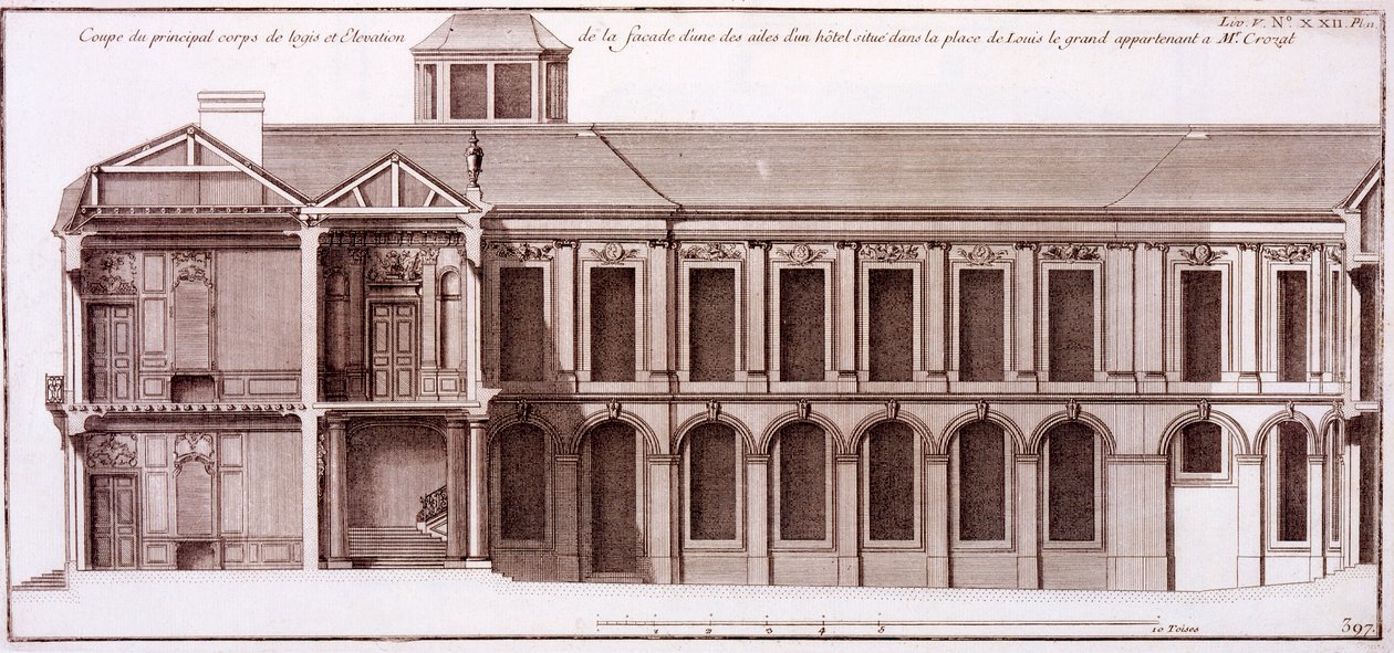 Facade af en del af Monsieur Crozats hus, Place Louis le Grand, Paris, fra "Architecture Francoise" af Jacques-Francois Blondel, 1727 af Jean Mariette