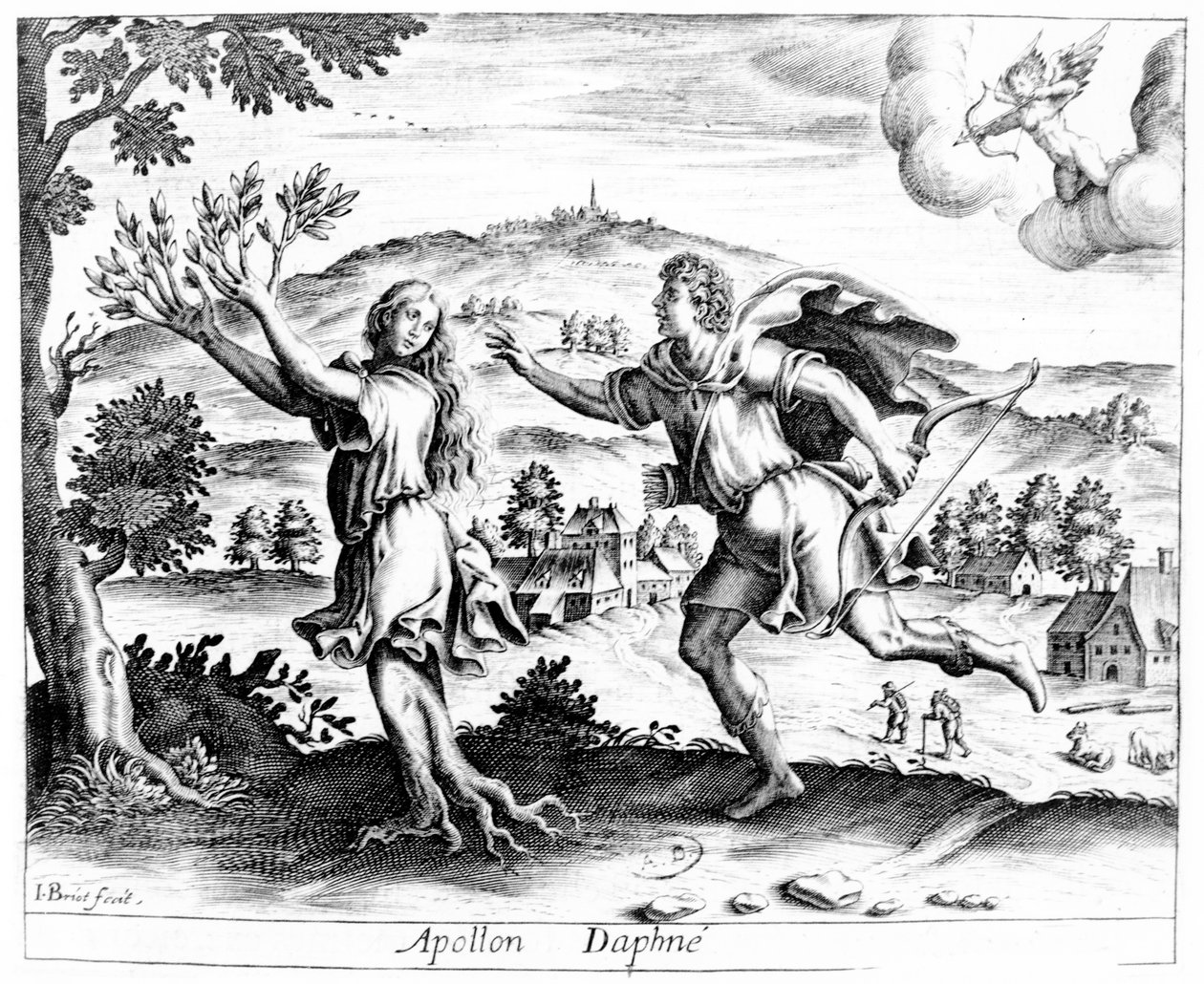 Daphne, der flygter fra den amorøse Apollo, forvandles til et laurbærtræ, 1619 af Jean Matheus