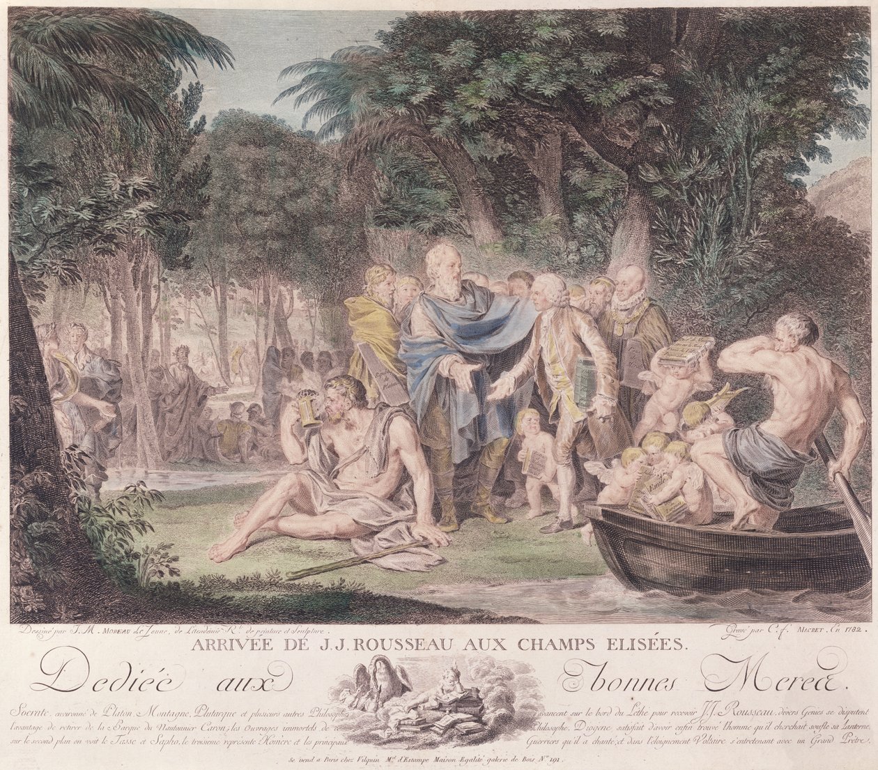 Ankomst af Jean-Jacques Rousseau (1712-78) i Elysian Fields, 1782 (farvegravering) af Jean Michel the Younger Moreau